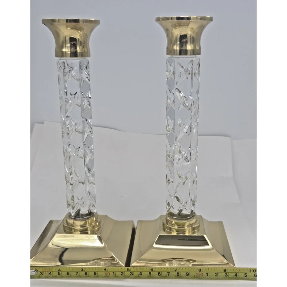 Waterford Crystal & Brass Cambridge Candle Holders Set Of Two 11-Inch